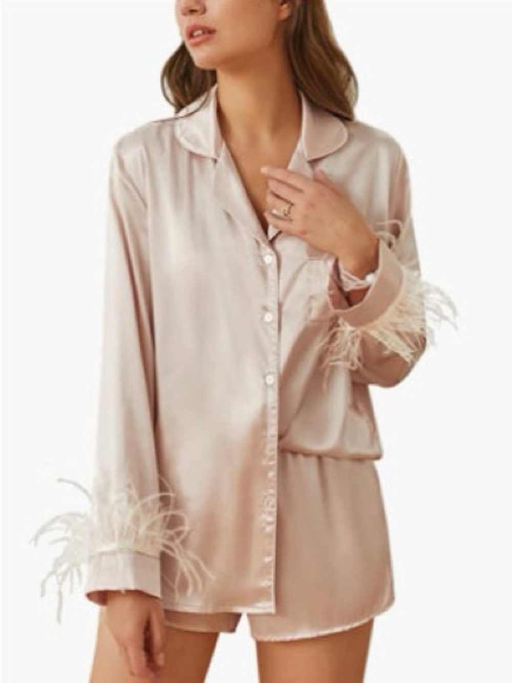 Bundle 3 for $15- Feather-Trim Satin Pajama Top - Blush Pink